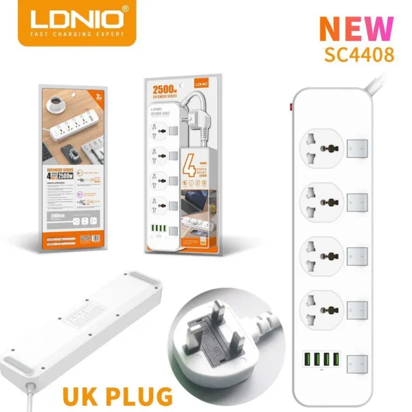 LDNIO SC4408 4 Power Socket + 4 USB 2500W Extension Power Cord - Image 2