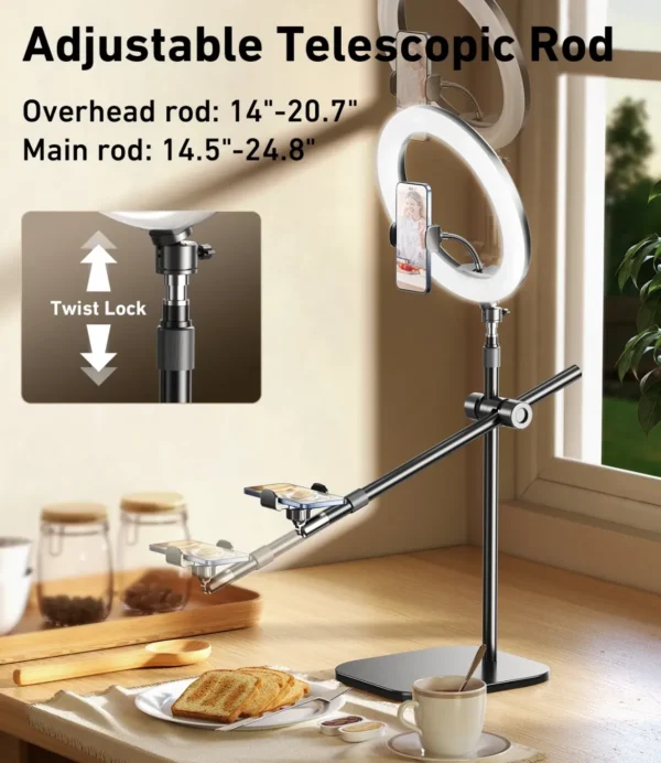 RTAKO YMX ZJ-FP02 Overhead Phone Mount 55cm With Phone Clamp And Ring Light Kit - Image 3