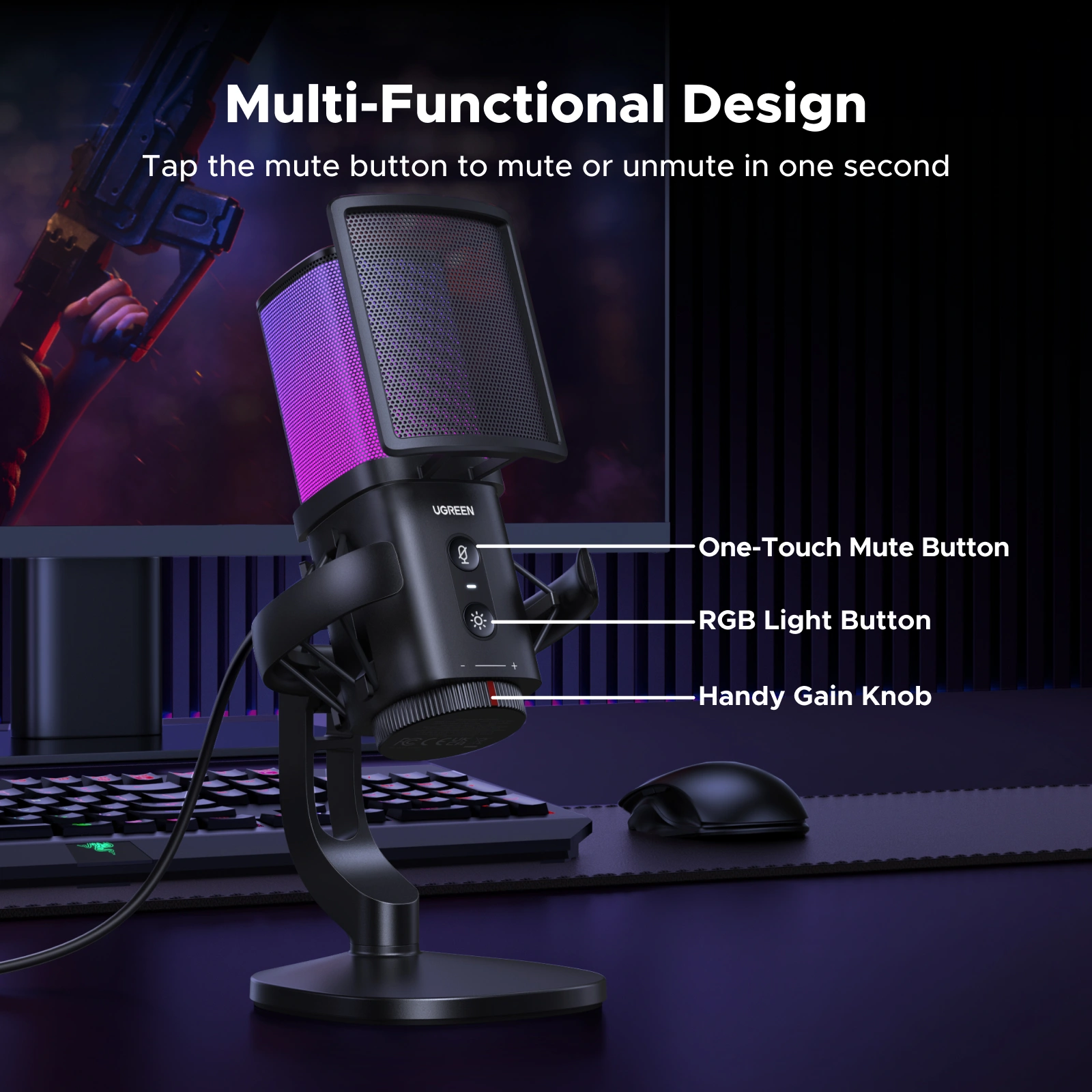 UGREEN Noise-Cancelling RGB 7-Light USB Desktop Microphone – CM581 - 65629 - Image 4