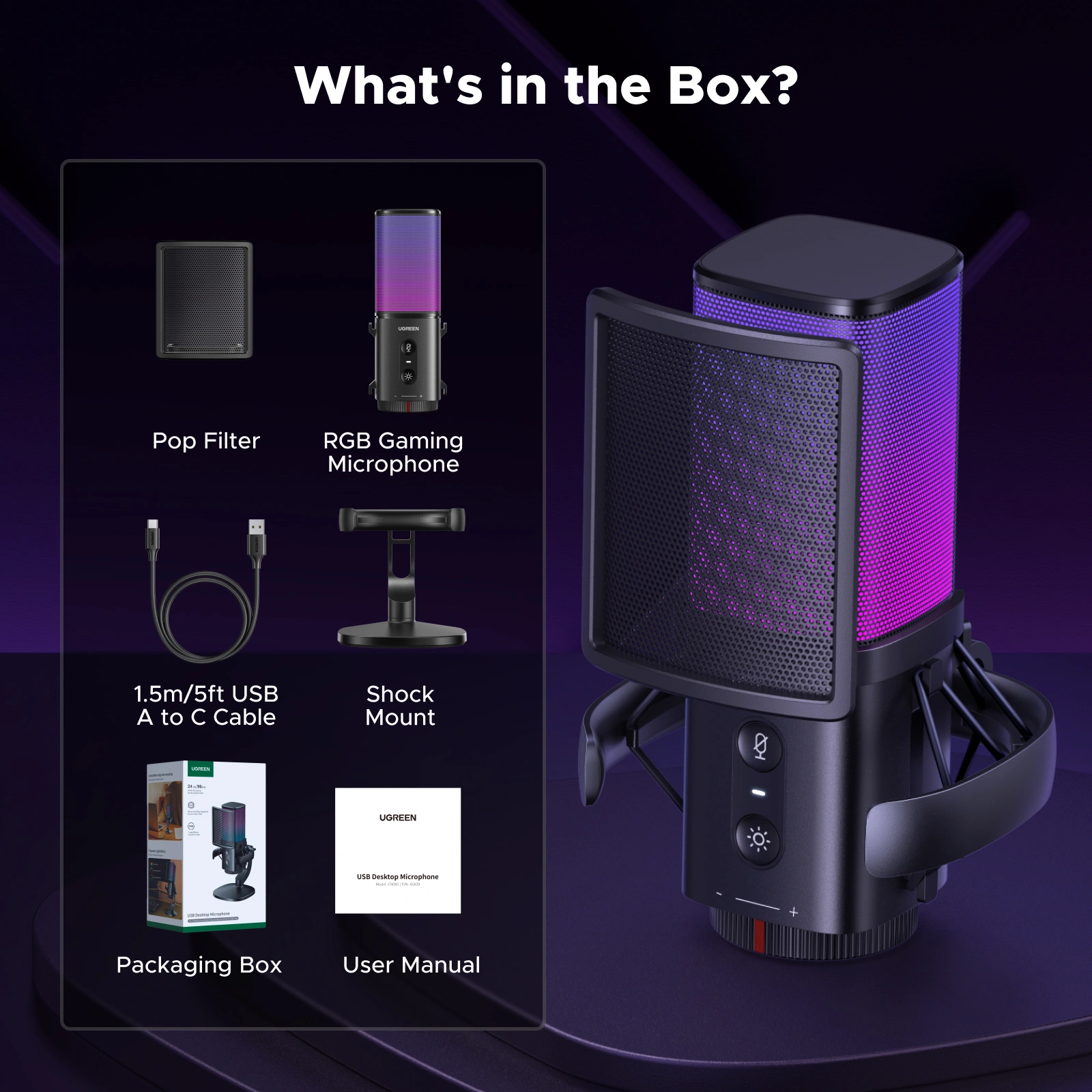 UGREEN Noise-Cancelling RGB 7-Light USB Desktop Microphone – CM581 - 65629 - Image 10