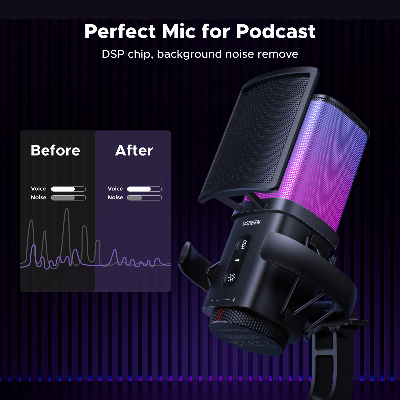 UGREEN Noise-Cancelling RGB 7-Light USB Desktop Microphone – CM581 - 65629 - Image 7