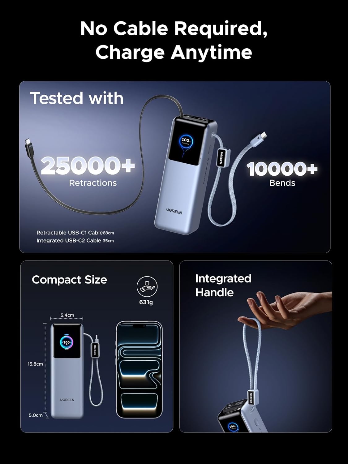 UGREEN 25000mAh 200W Nexode Pro Power Bank with Dual Built-in USB-C Cables – PB728 – 75702B - Image 5